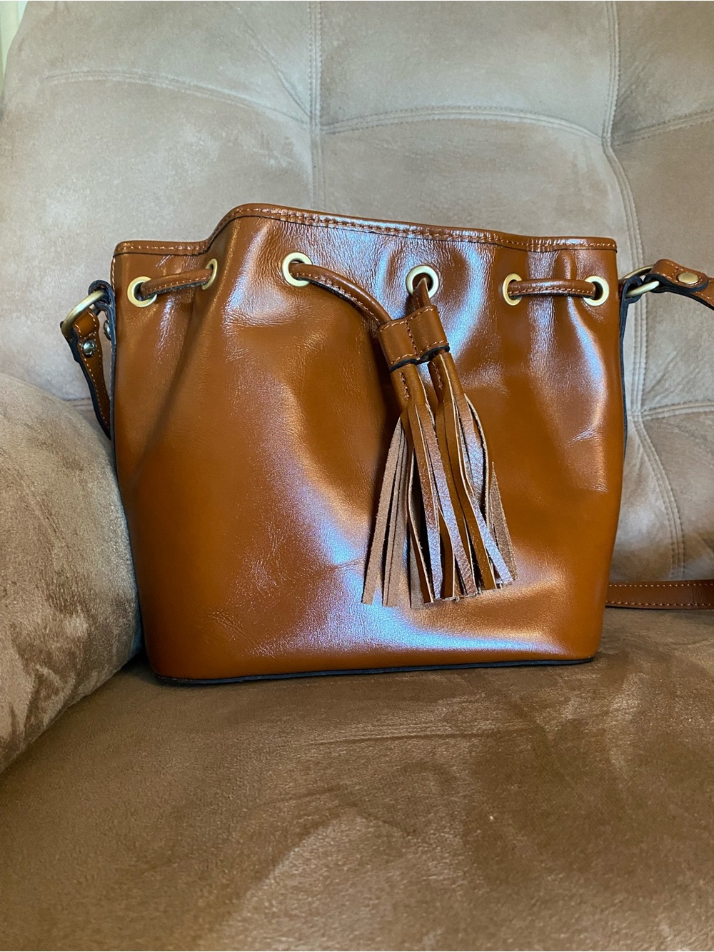 Patricia Nash Cognac Leather Tassel Drawstring Shoulder Bag